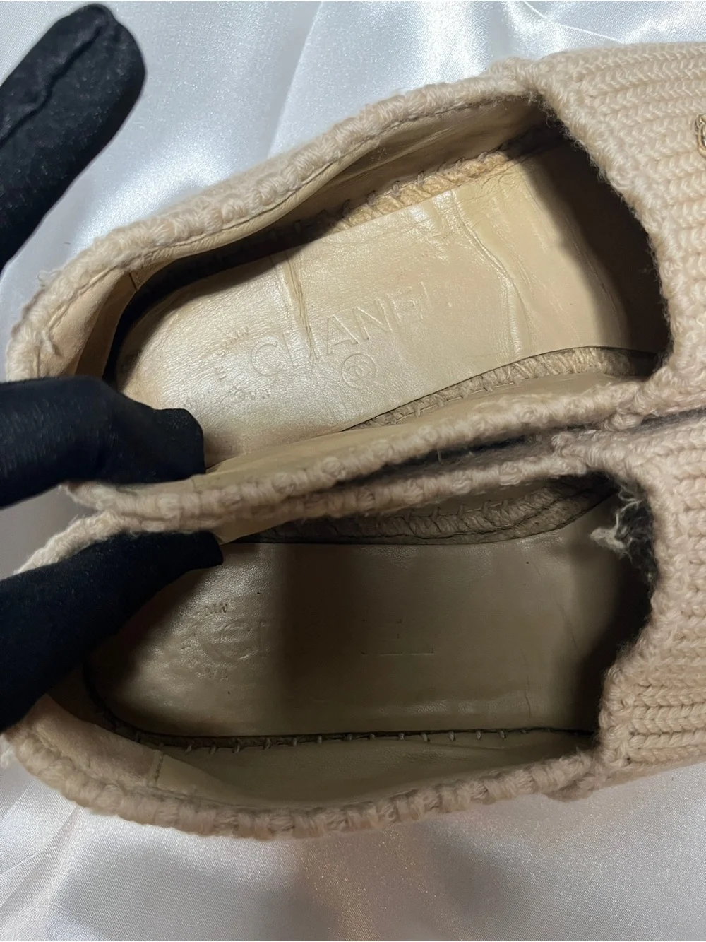 CHANEL Beige Knit Espadrilles with Black Cap Toe and Gold CC Logo